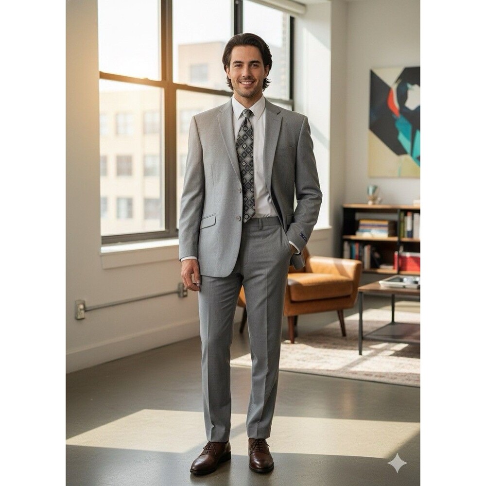 NEW Retro Paris Mens Suit  2pc Slim Fit Gray Subtle Check Charcoal 46R 32x35*
